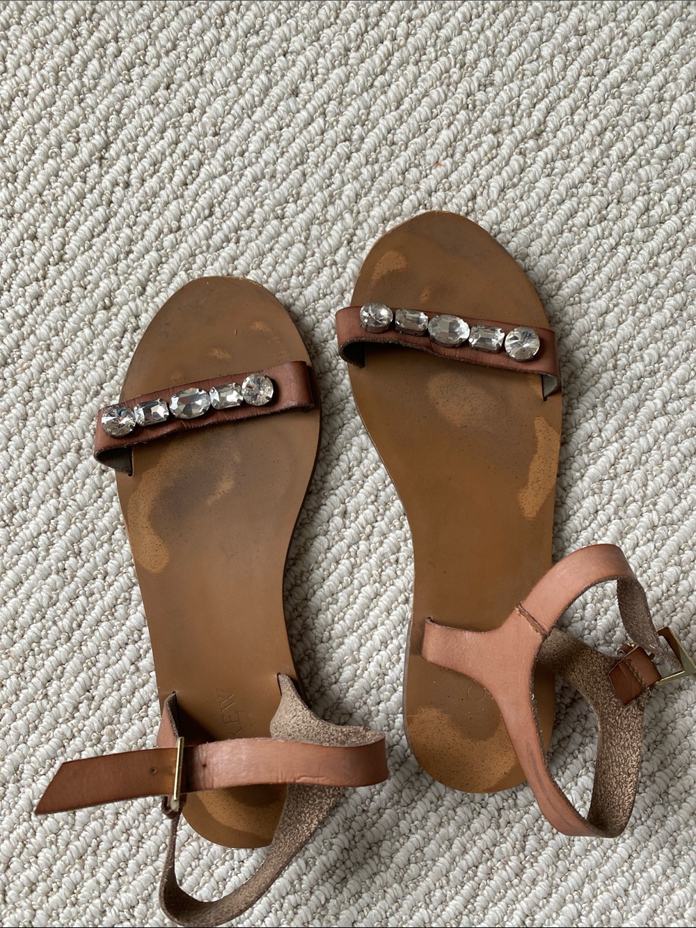 J. Crew Brown Leather Jeweled Flat Sandals